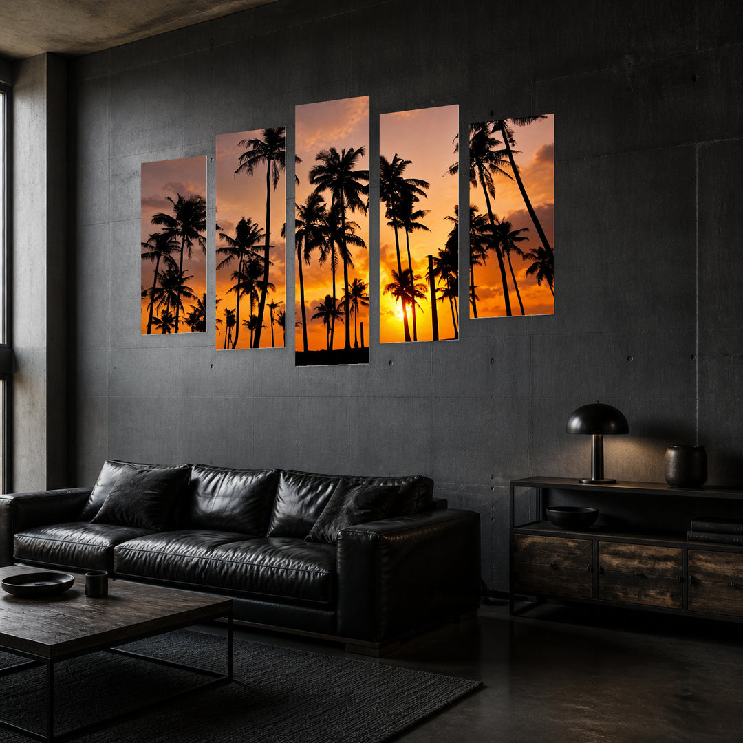 Silhouette of Coconut Trees at Golden Sunset — five-panel wall art in perspective interior | 5wallart 52254 M2