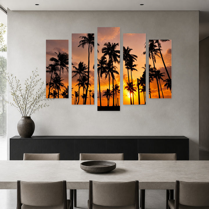 Silhouette of Coconut Trees at Golden Sunset — five-panel wall art in frontal interior | 5wallart 52254 M3
