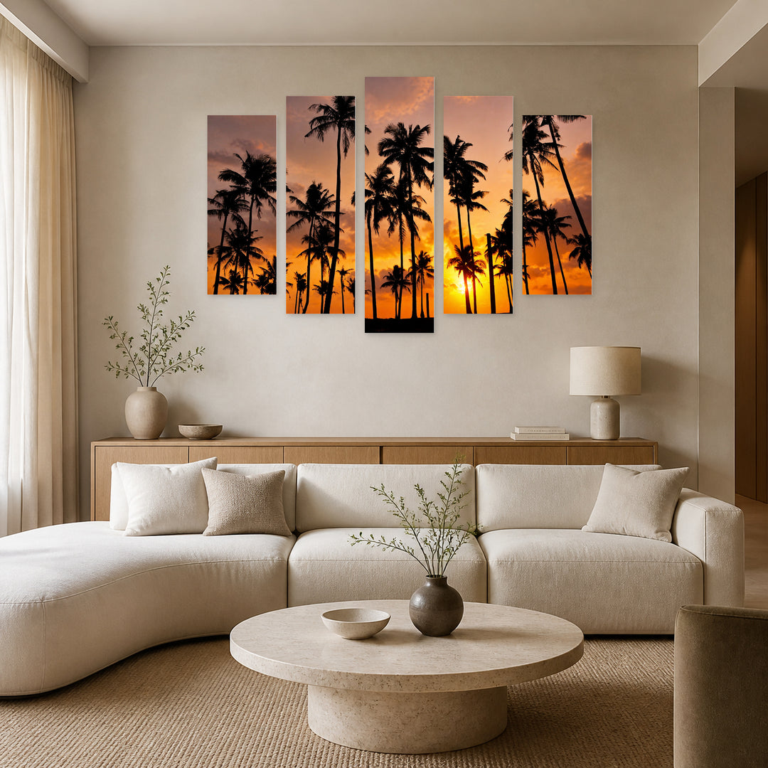 Silhouette of Coconut Trees at Golden Sunset — five-panel wall art in alternate frontal interior | 5wallart 52254 M4