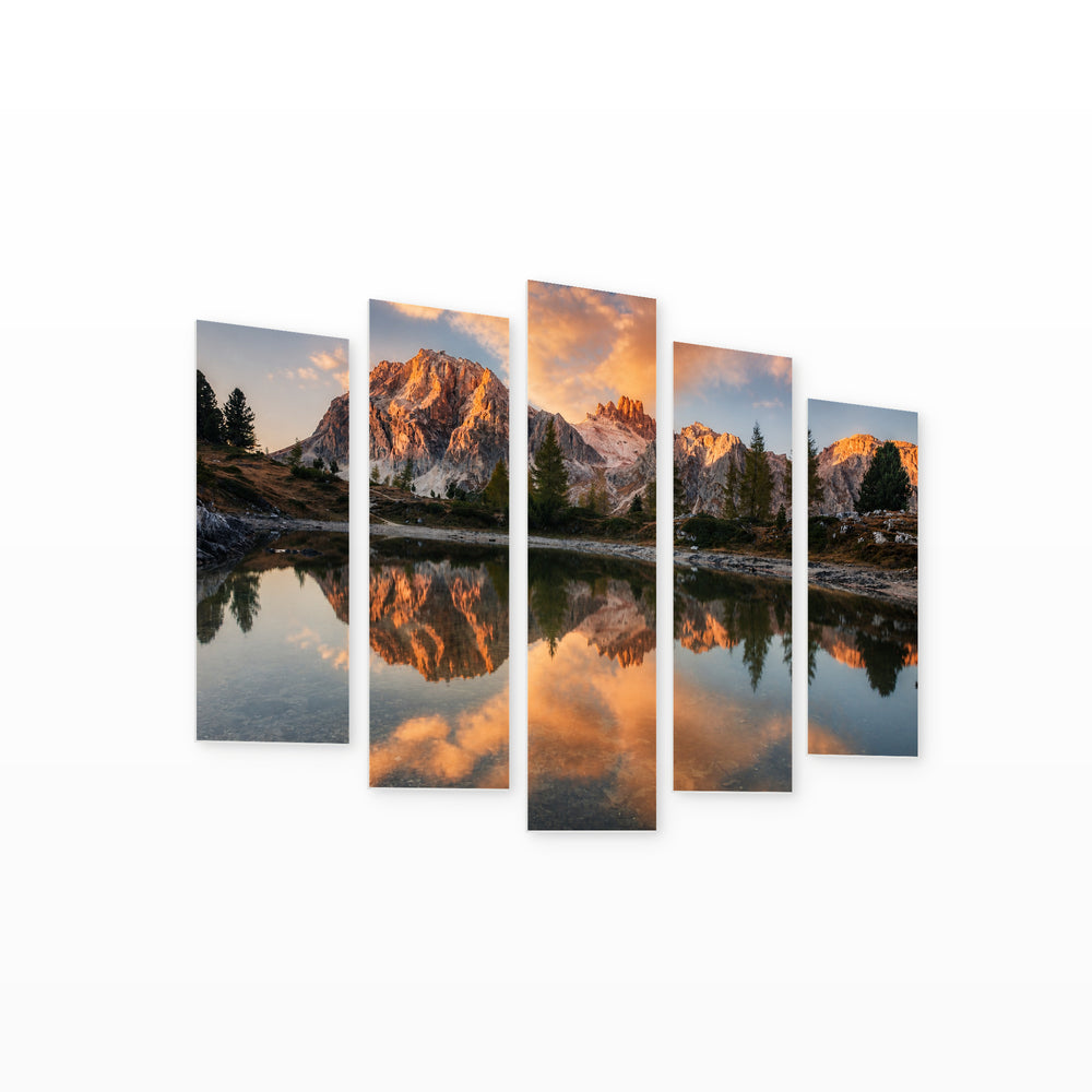 Sunset in the Dolomites in Serene Light — five-panel wall art on white background in perspective | 5wallart 52260 M1