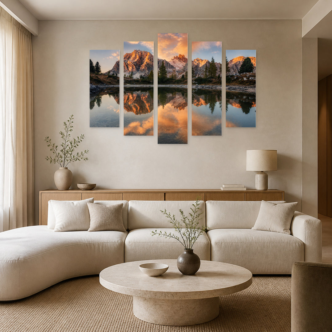 Sunset in the Dolomites in Serene Light — five-panel wall art in alternate frontal interior | 5wallart 52260 M4