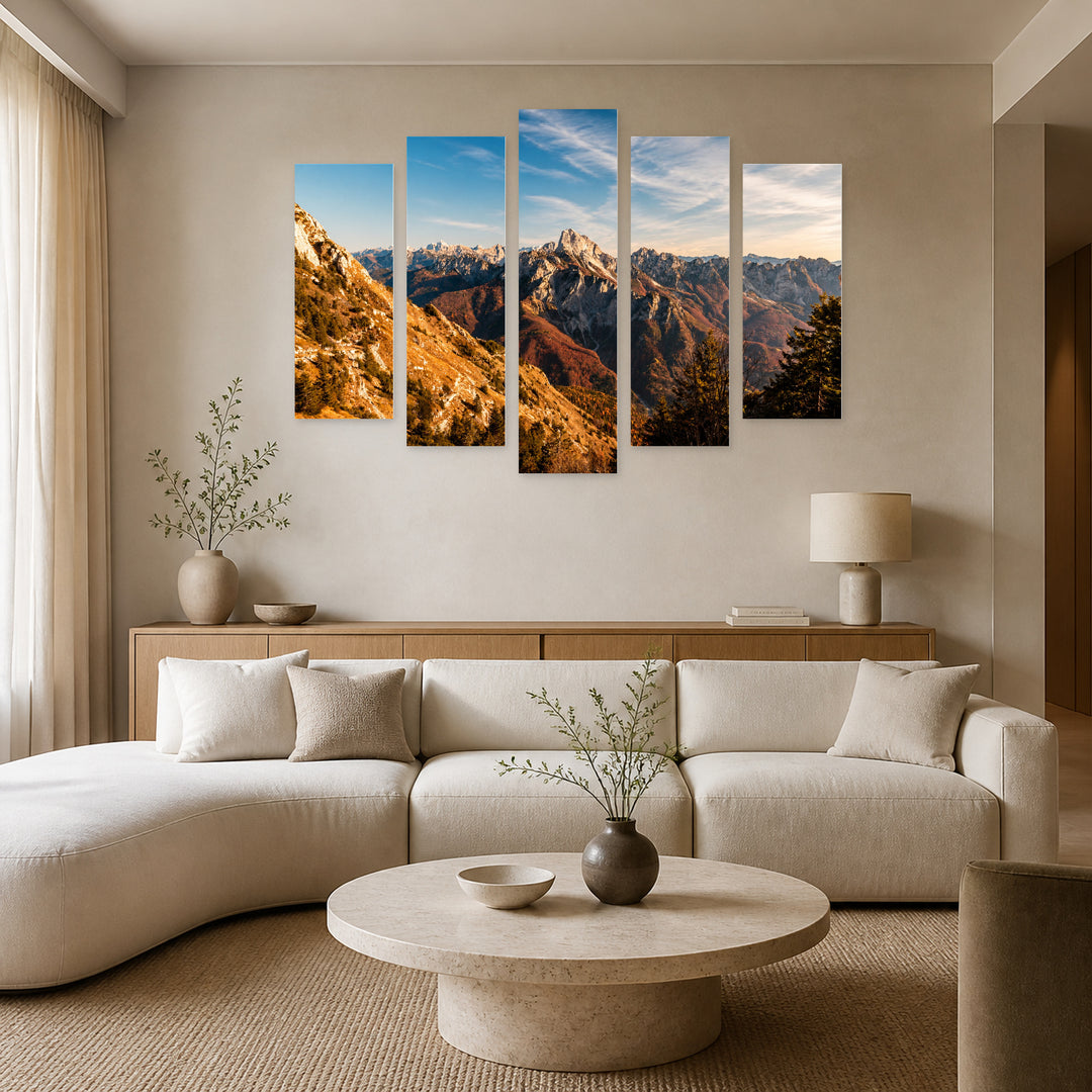 Sunny Day in the Carnic Alps Landscape Study — five-panel wall art in frontal interior | 5wallart 52263 M3