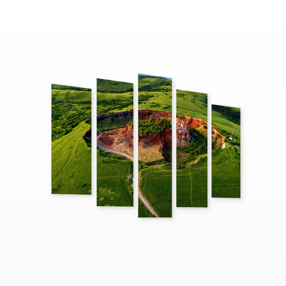 Volcanic Crater in Racos in Vivid Color — five-panel wall art on white background in perspective | 5wallart 52276 M1