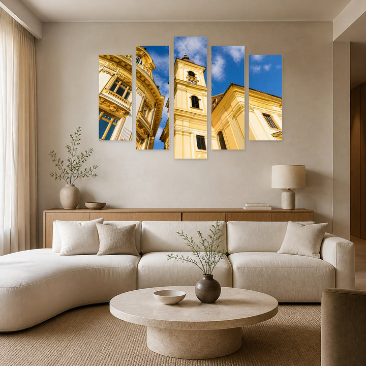 Details of the Architecture with Geometric Rhythm — five-panel wall art in alternate frontal interior | 5wallart 52278 M4