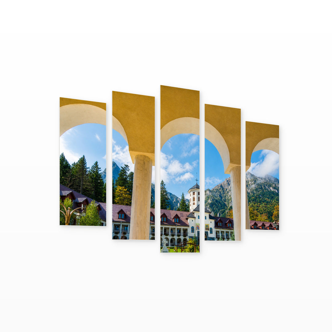 Monastery in Busteni in Blue and Gold — five-panel wall art on white background in perspective | 5wallart 52279 M1