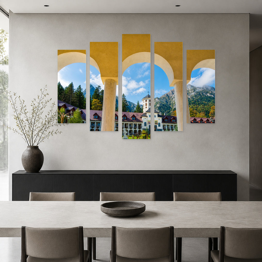 Monastery in Busteni in Blue and Gold — five-panel wall art in alternate frontal interior | 5wallart 52279 M4