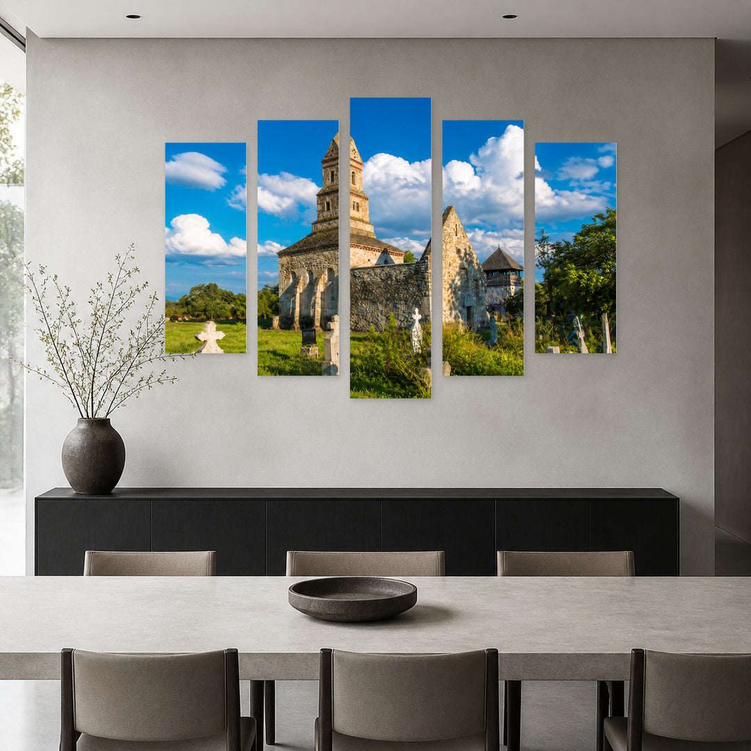 Christian Church Denus in Blue and Gold — five-panel wall art in frontal interior | 5wallart 52282 M3