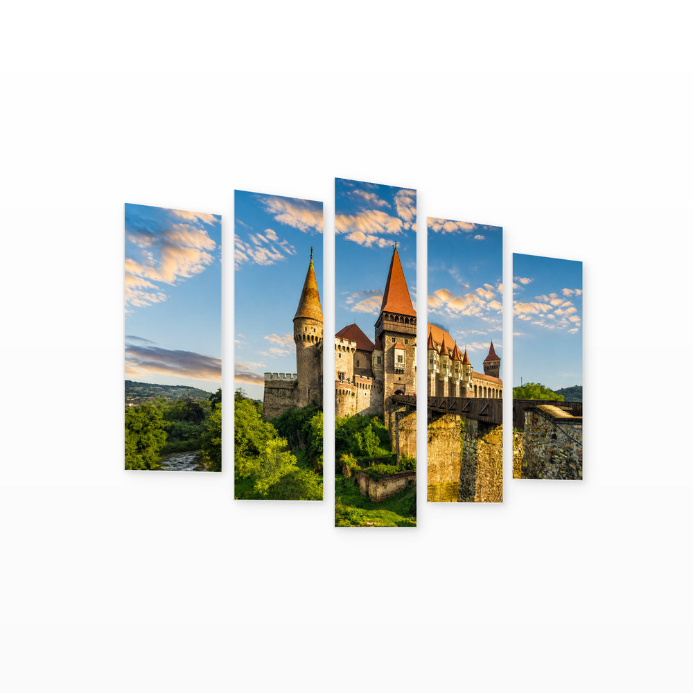 Corvin Castle (hunyad Castle) in Blue and Gold — five-panel wall art on white background in perspective | 5wallart 52283 M1