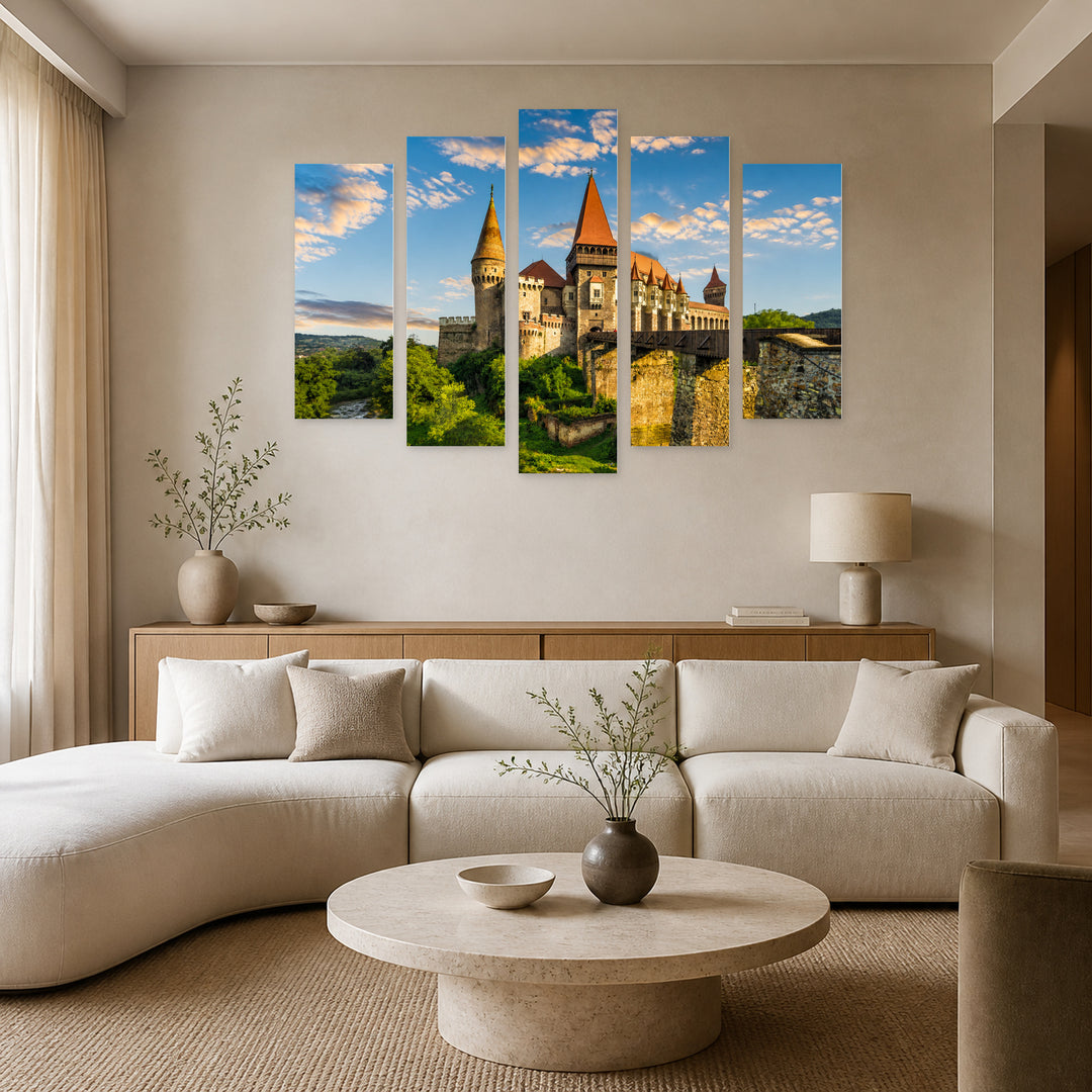 Corvin Castle (hunyad Castle) in Blue and Gold — five-panel wall art in frontal interior | 5wallart 52283 M3