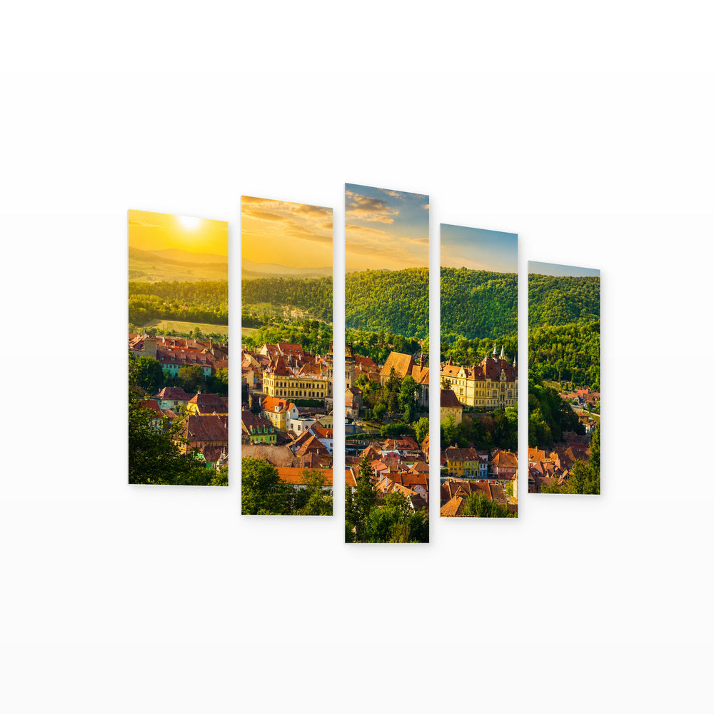 City of Sighisoara in Vivid Color — five-panel wall art on white background in perspective | 5wallart 52284 M1