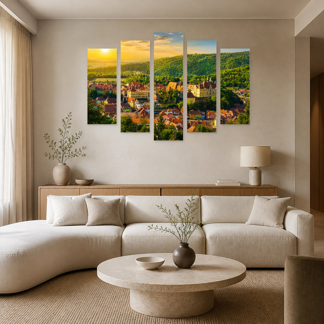 City of Sighisoara in Vivid Color — five-panel wall art in alternate frontal interior | 5wallart 52284 M4