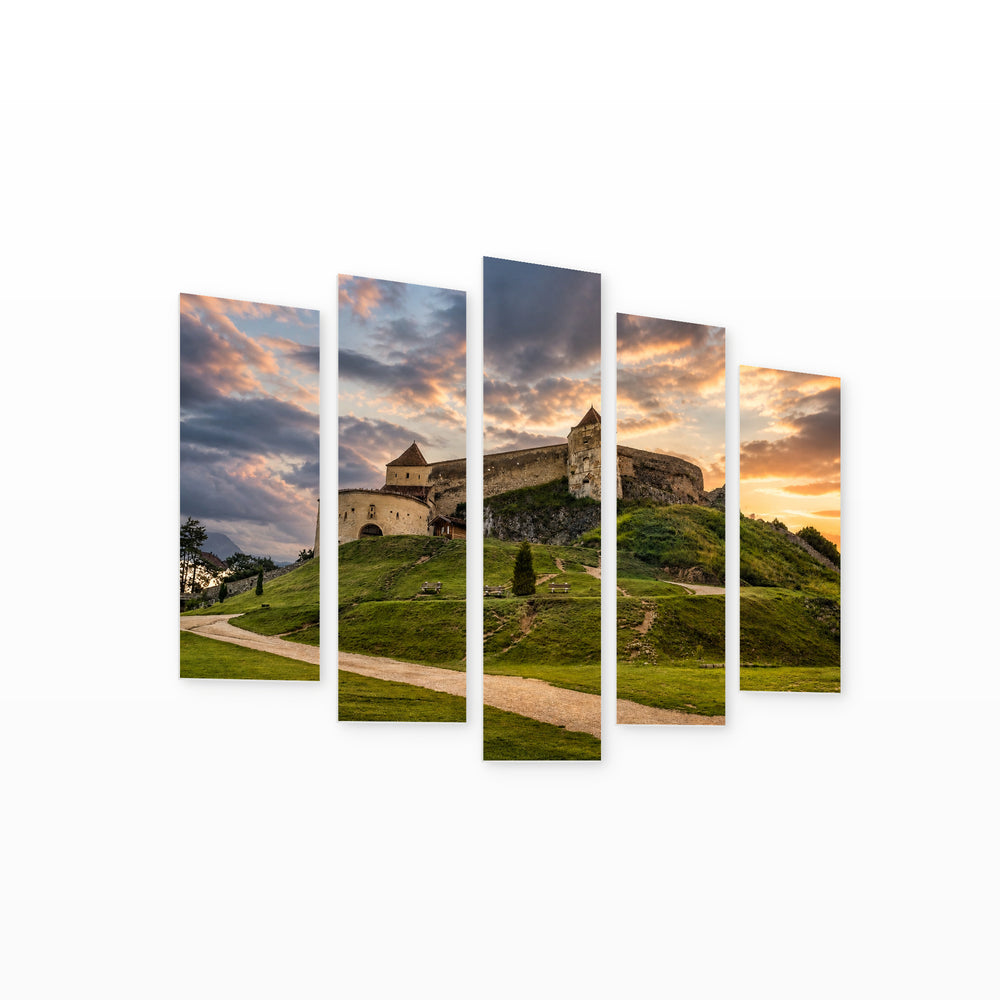 Golden Sunset over Rasnov Fortress — five-panel wall art on white background in perspective | 5wallart 52285 M1