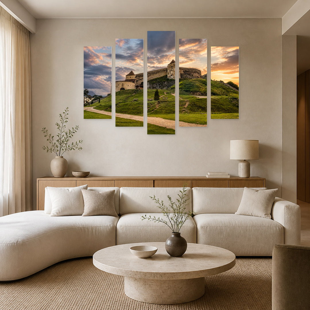 Golden Sunset over Rasnov Fortress — five-panel wall art in frontal interior | 5wallart 52285 M3