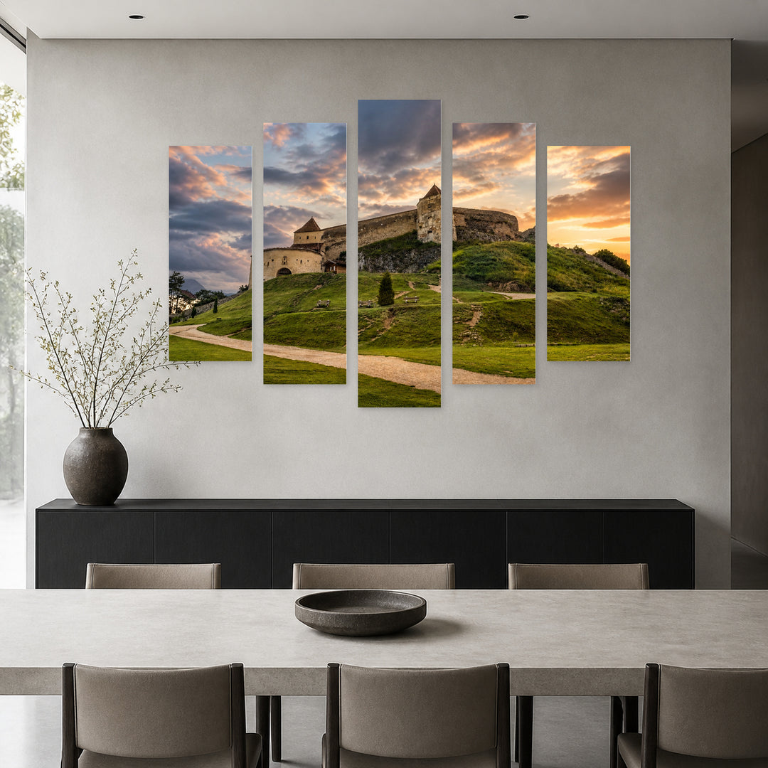 Golden Sunset over Rasnov Fortress — five-panel wall art in alternate frontal interior | 5wallart 52285 M4