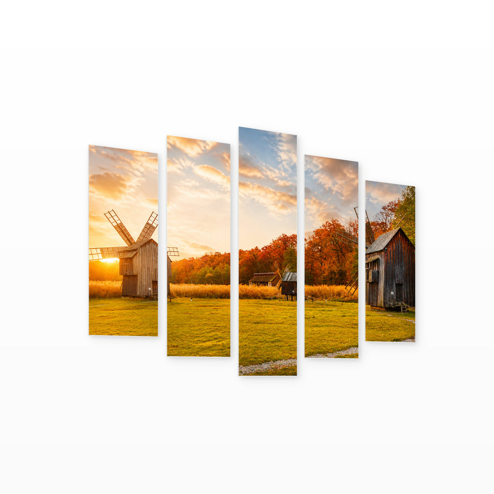 Windmills in Sibiu at Golden Sunset — five-panel wall art on white background in perspective | 5wallart 52287 M1