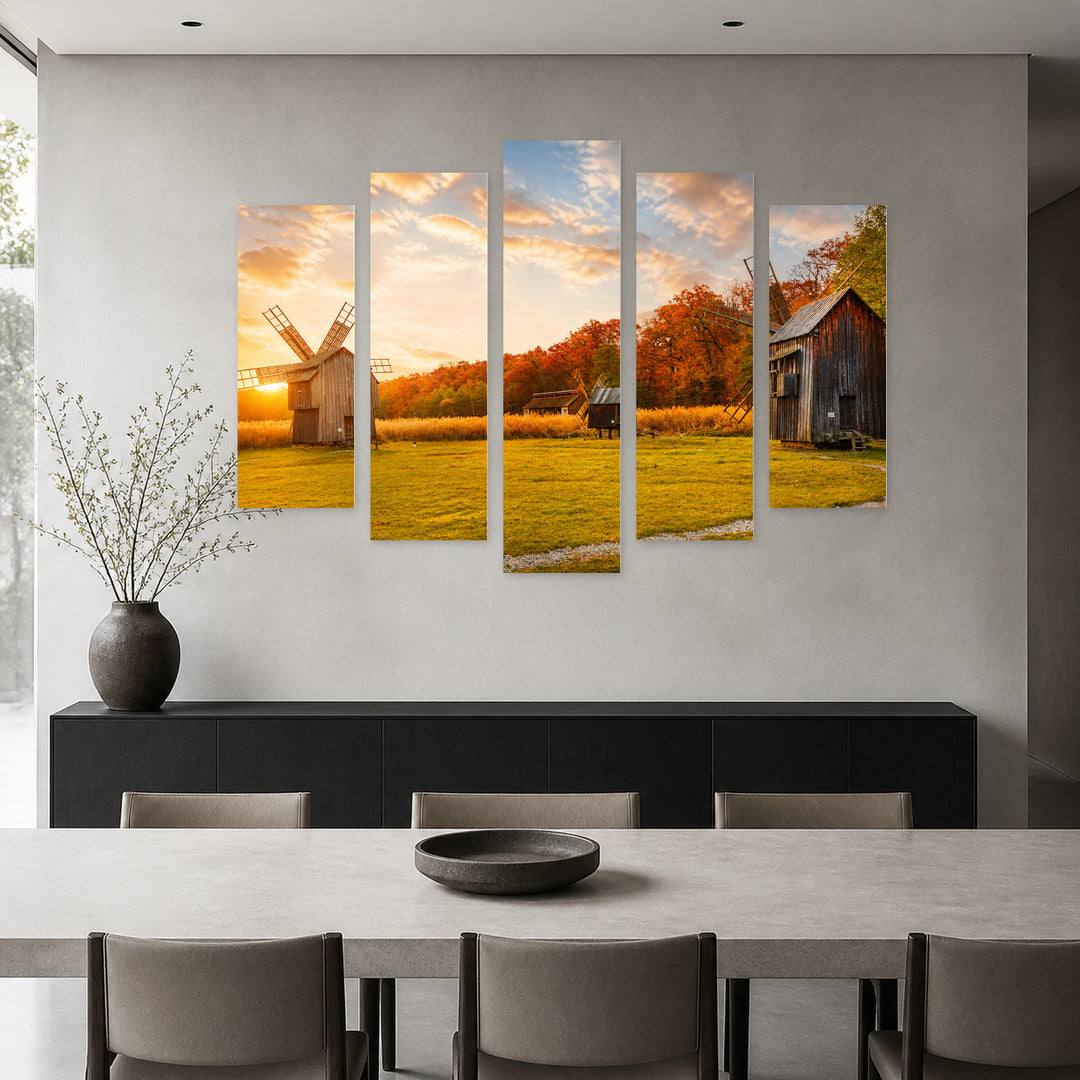 Windmills in Sibiu at Golden Sunset — five-panel wall art in alternate frontal interior | 5wallart 52287 M4