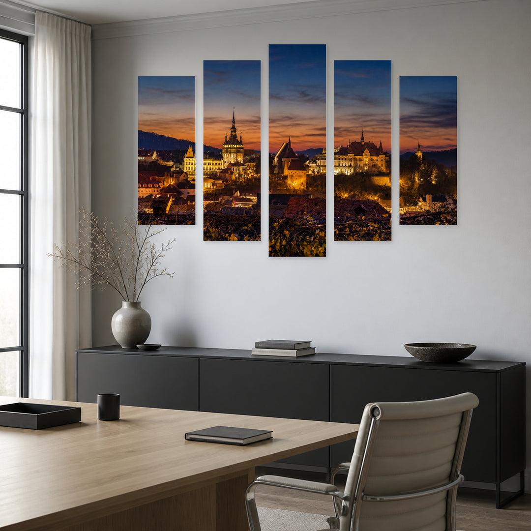 Sighisoara After Dark — five-panel wall art in frontal interior | 5wallart 52288 M3