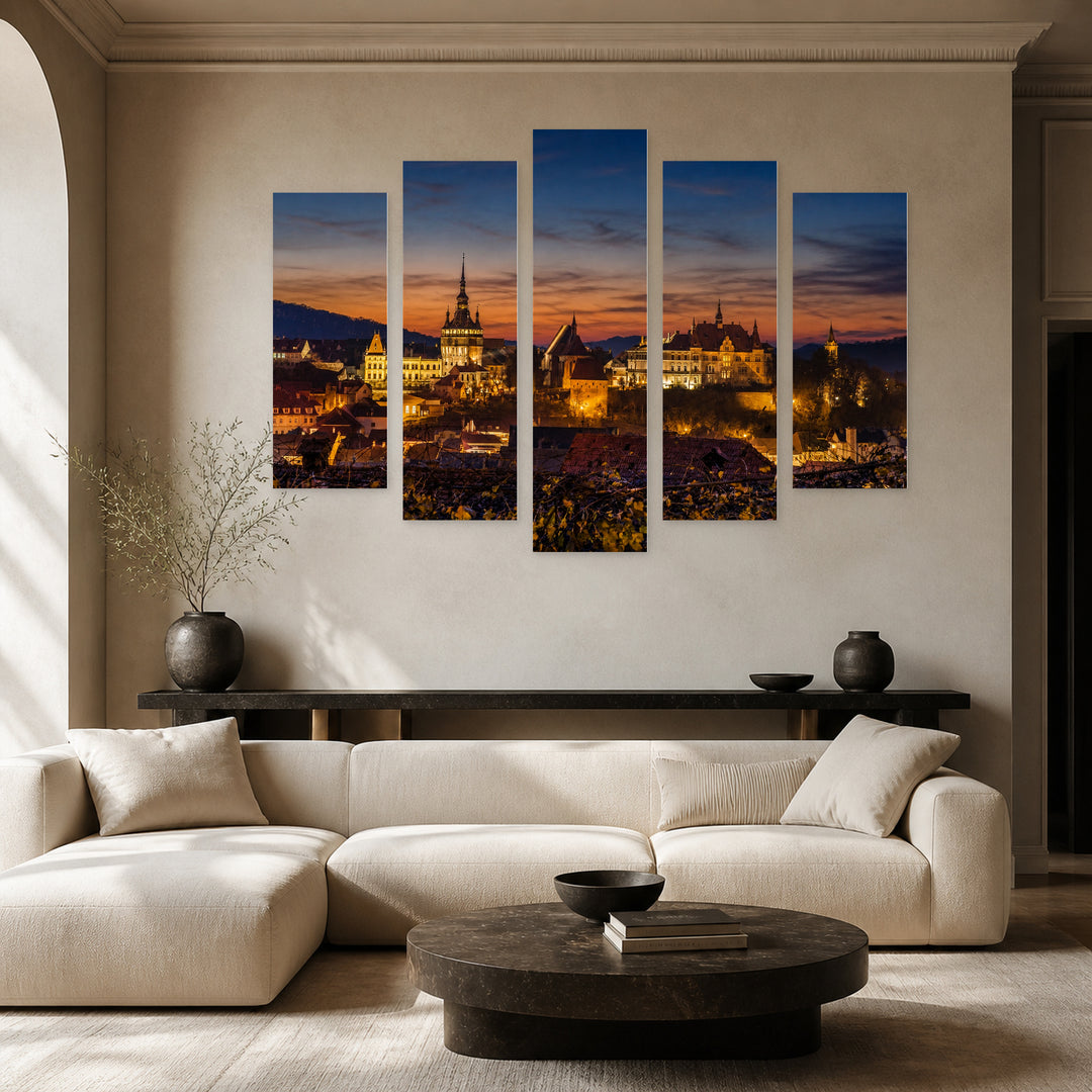 Sighisoara After Dark — five-panel wall art in alternate frontal interior | 5wallart 52288 M4