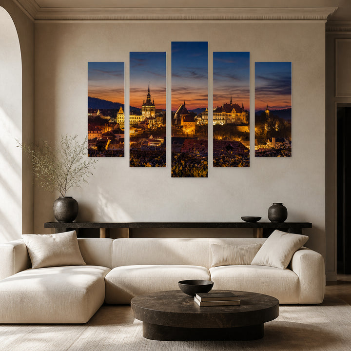 Sighisoara After Dark — five-panel wall art in alternate frontal interior | 5wallart 52288 M4