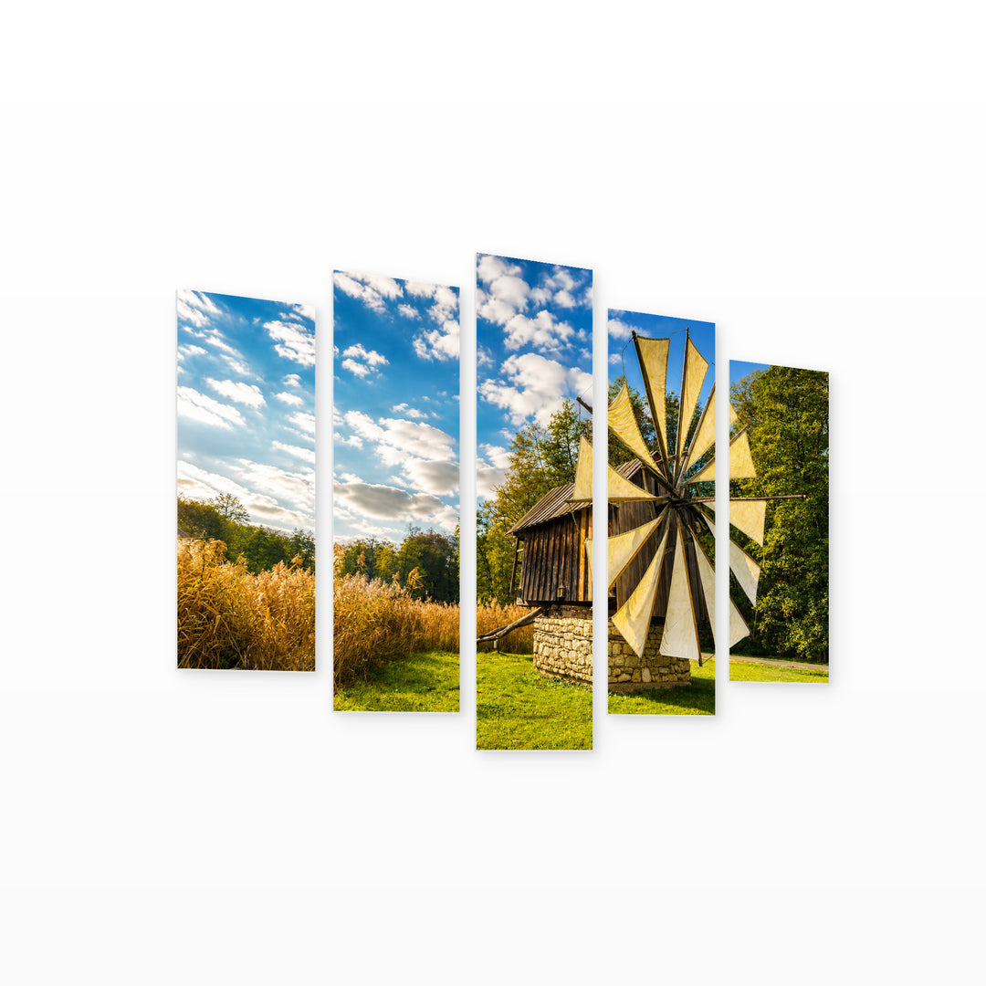 Windmill in Blue and Gold — five-panel wall art on white background in perspective | 5wallart 52289 M1