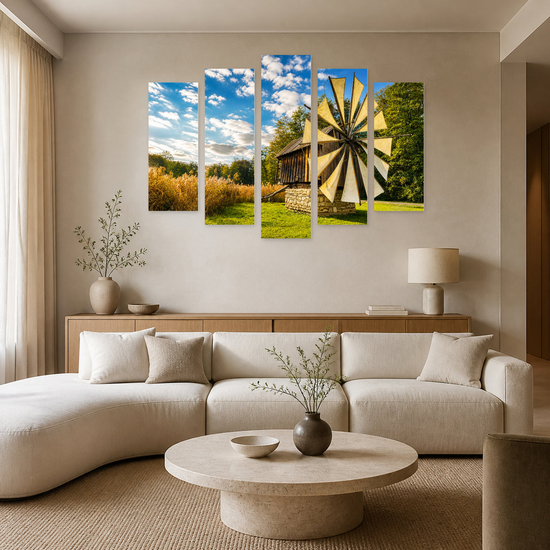 Windmill in Blue and Gold — five-panel wall art in frontal interior | 5wallart 52289 M3