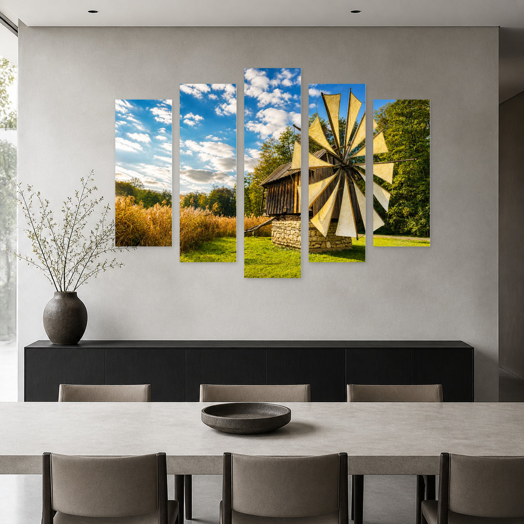 Windmill in Blue and Gold — five-panel wall art in alternate frontal interior | 5wallart 52289 M4