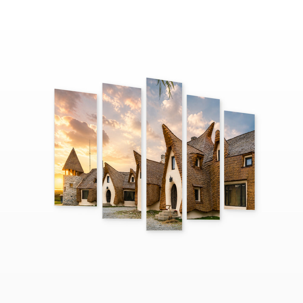 Clay Castle in Porumbacu with Dreamlike Atmosphere — five-panel wall art on white background in perspective | 5wallart 52291 M1
