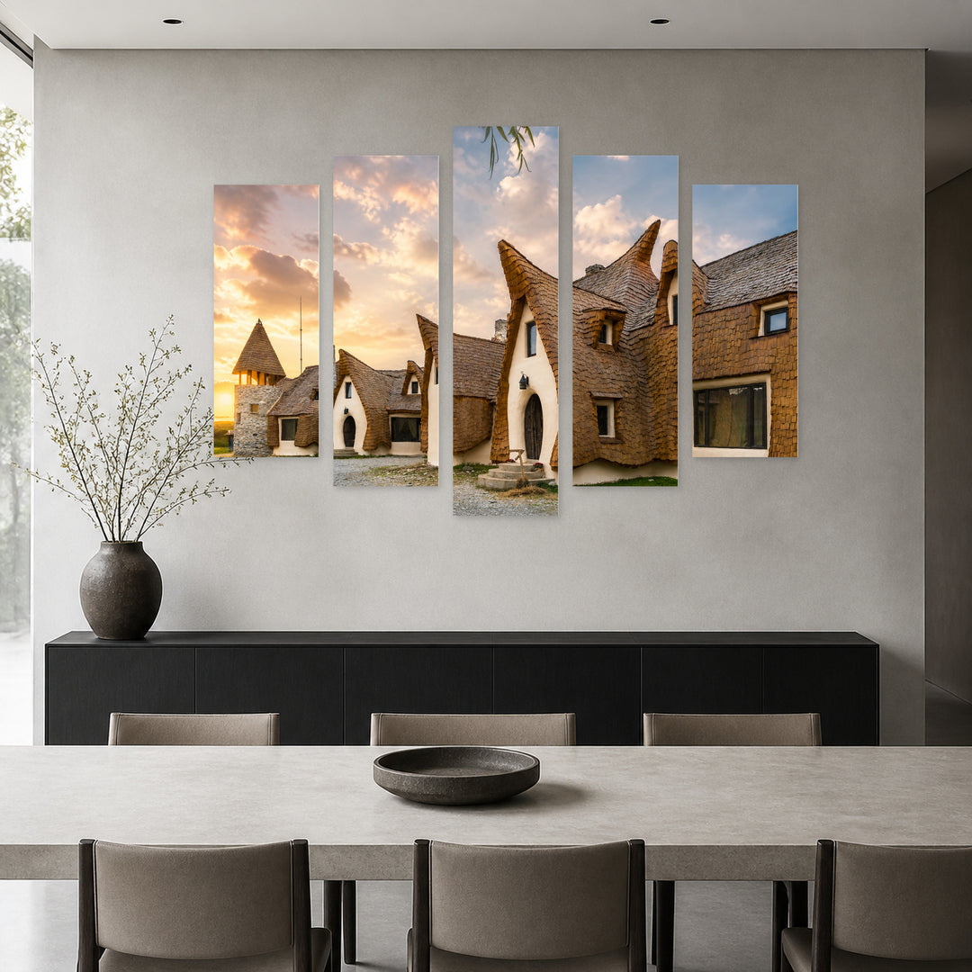 Clay Castle in Porumbacu with Dreamlike Atmosphere — five-panel wall art in alternate frontal interior | 5wallart 52291 M4