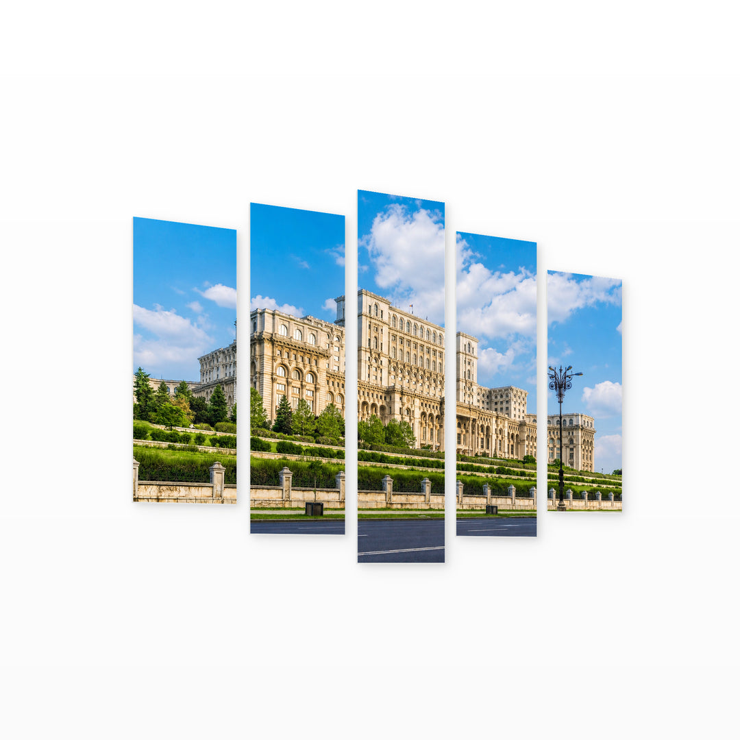 Palace of the Parliament in Bucharest — five-panel wall art on white background in perspective | 5wallart 52292 M1