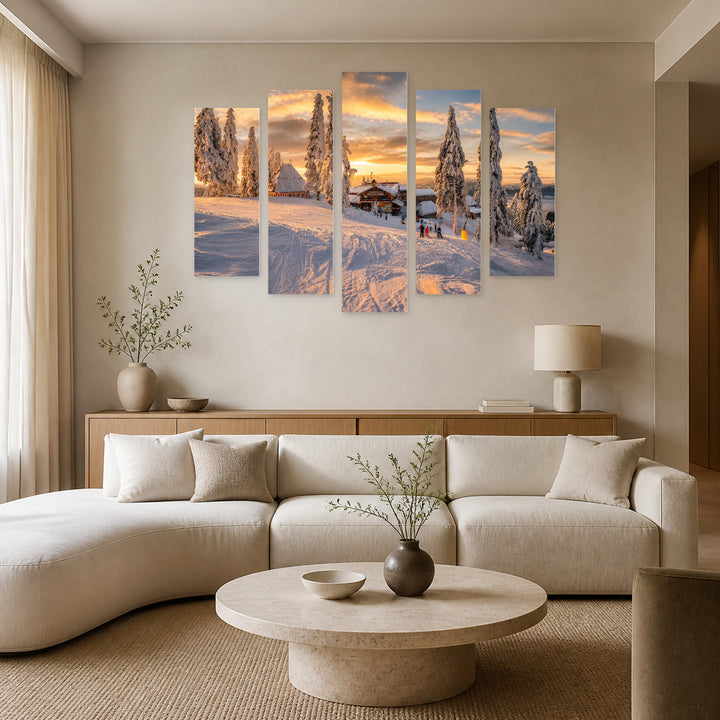 Ski Resort Poiana Brașov at Golden Sunset — five-panel wall art in frontal interior | 5wallart 52295 M3