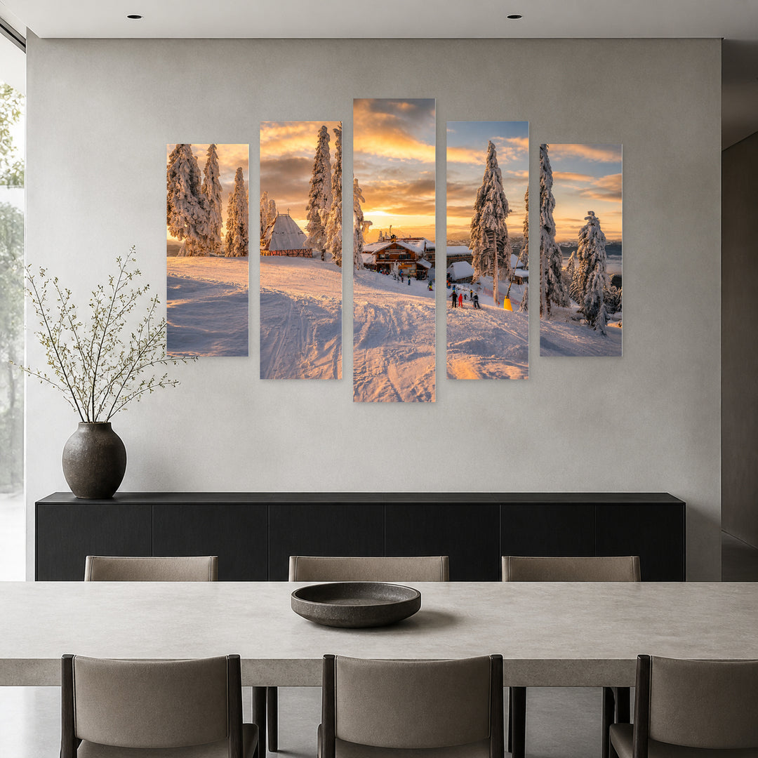 Ski Resort Poiana Brașov at Golden Sunset — five-panel wall art in alternate frontal interior | 5wallart 52295 M4