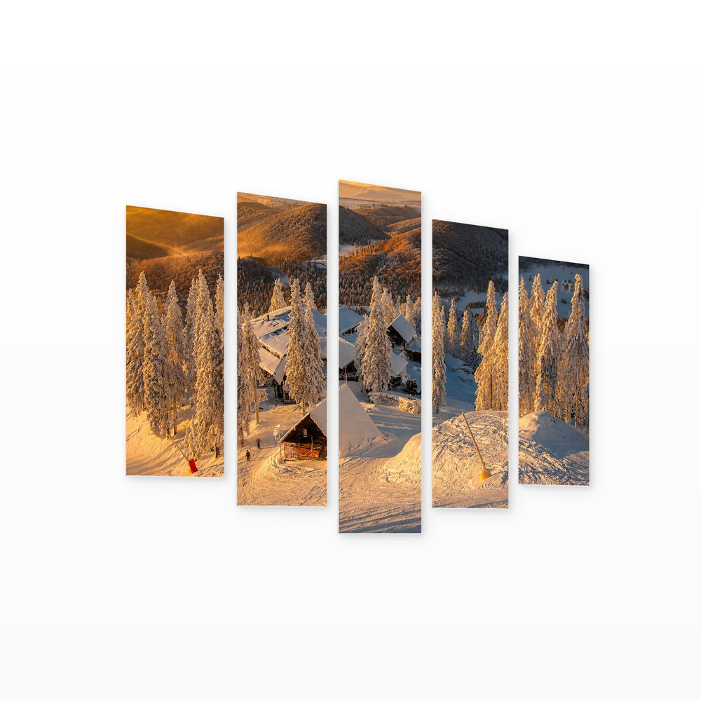 Ski Slopes in the Carpathians at Golden Sunset — five-panel wall art on white background in perspective | 5wallart 52312 M1
