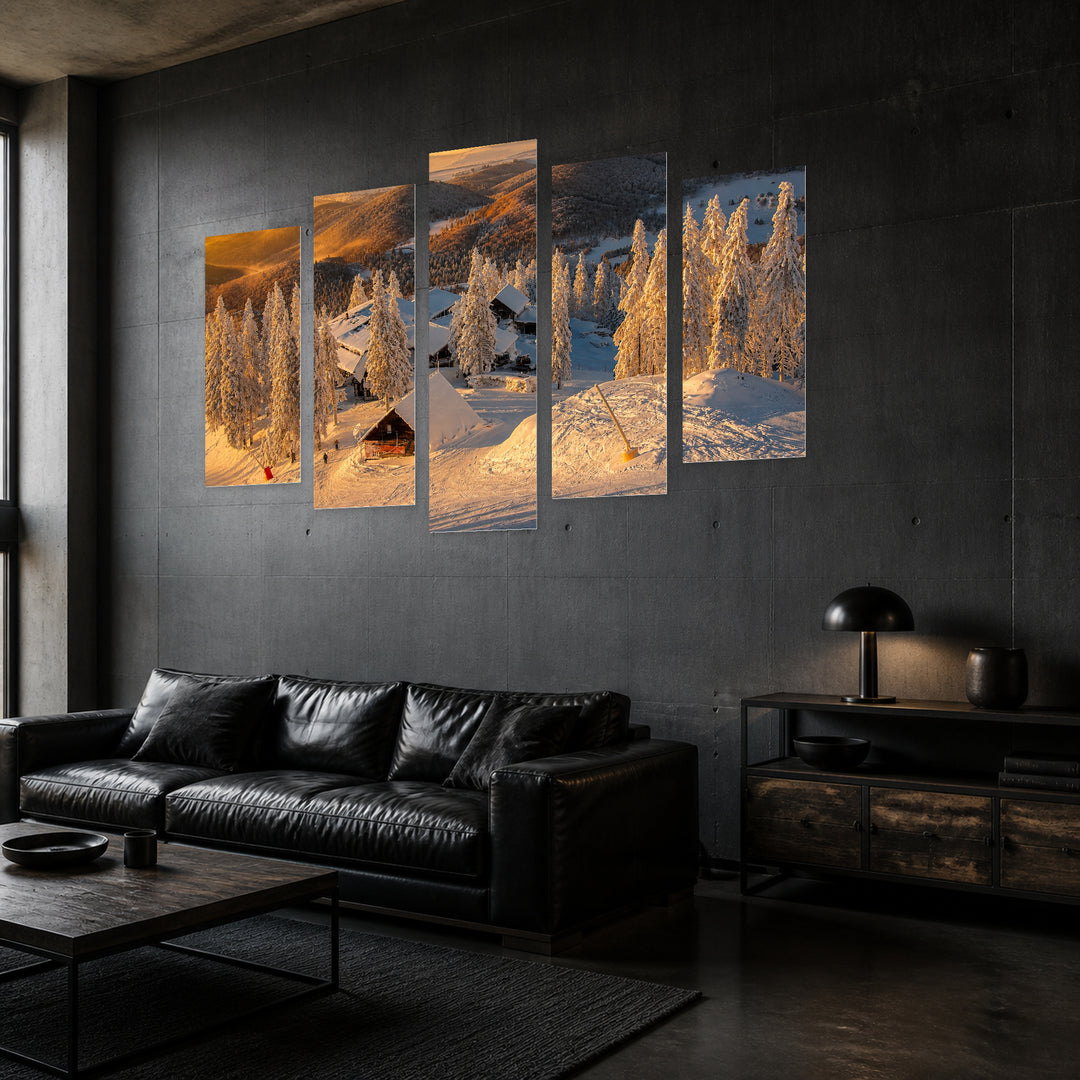 Ski Slopes in the Carpathians at Golden Sunset — five-panel wall art in perspective interior | 5wallart 52312 M2