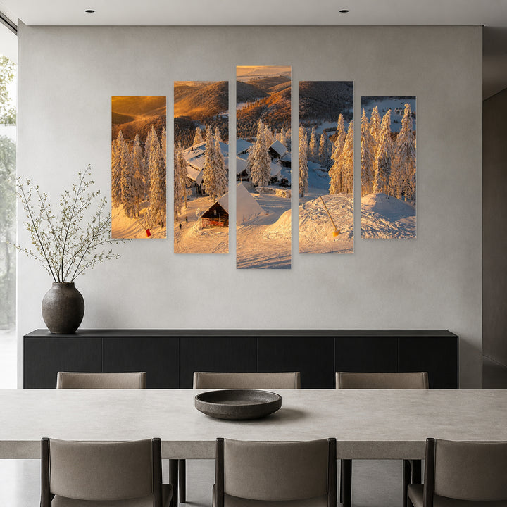 Ski Slopes in the Carpathians at Golden Sunset — five-panel wall art in frontal interior | 5wallart 52312 M3