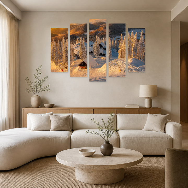 Ski Slopes in the Carpathians at Golden Sunset — five-panel wall art in alternate frontal interior | 5wallart 52312 M4