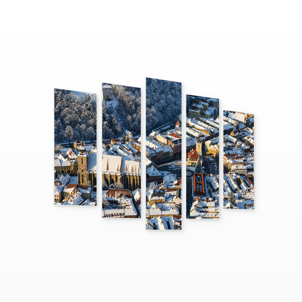 Brașov in Winter in Serene Light — five-panel wall art on white background in perspective | 5wallart 52334 M1