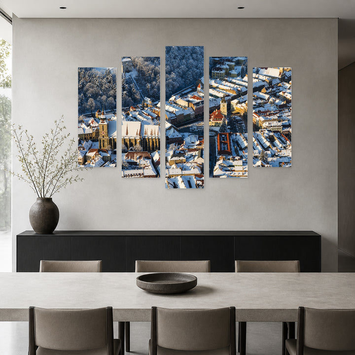 Brașov in Winter in Serene Light — five-panel wall art in frontal interior | 5wallart 52334 M3
