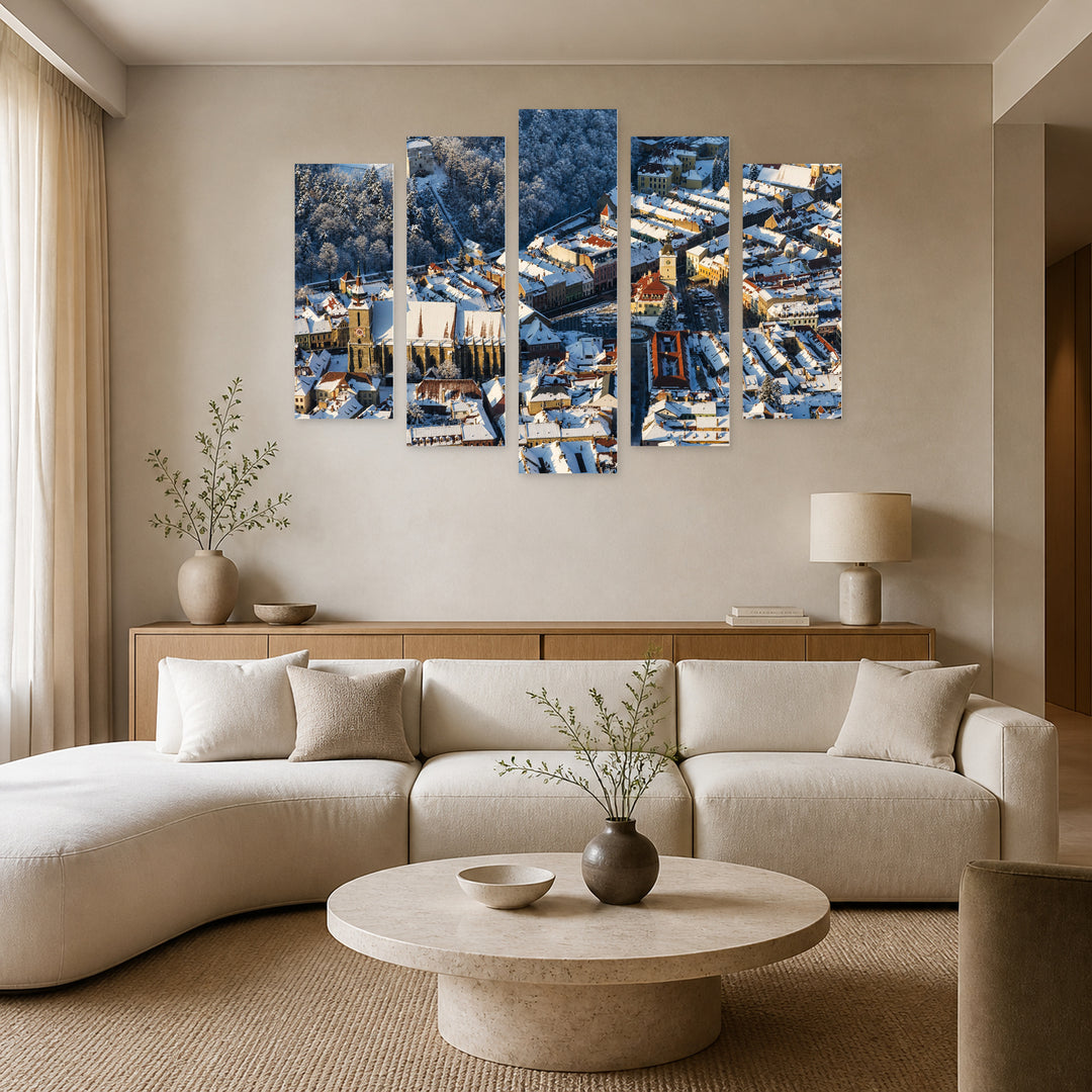 Brașov in Winter in Serene Light — five-panel wall art in alternate frontal interior | 5wallart 52334 M4