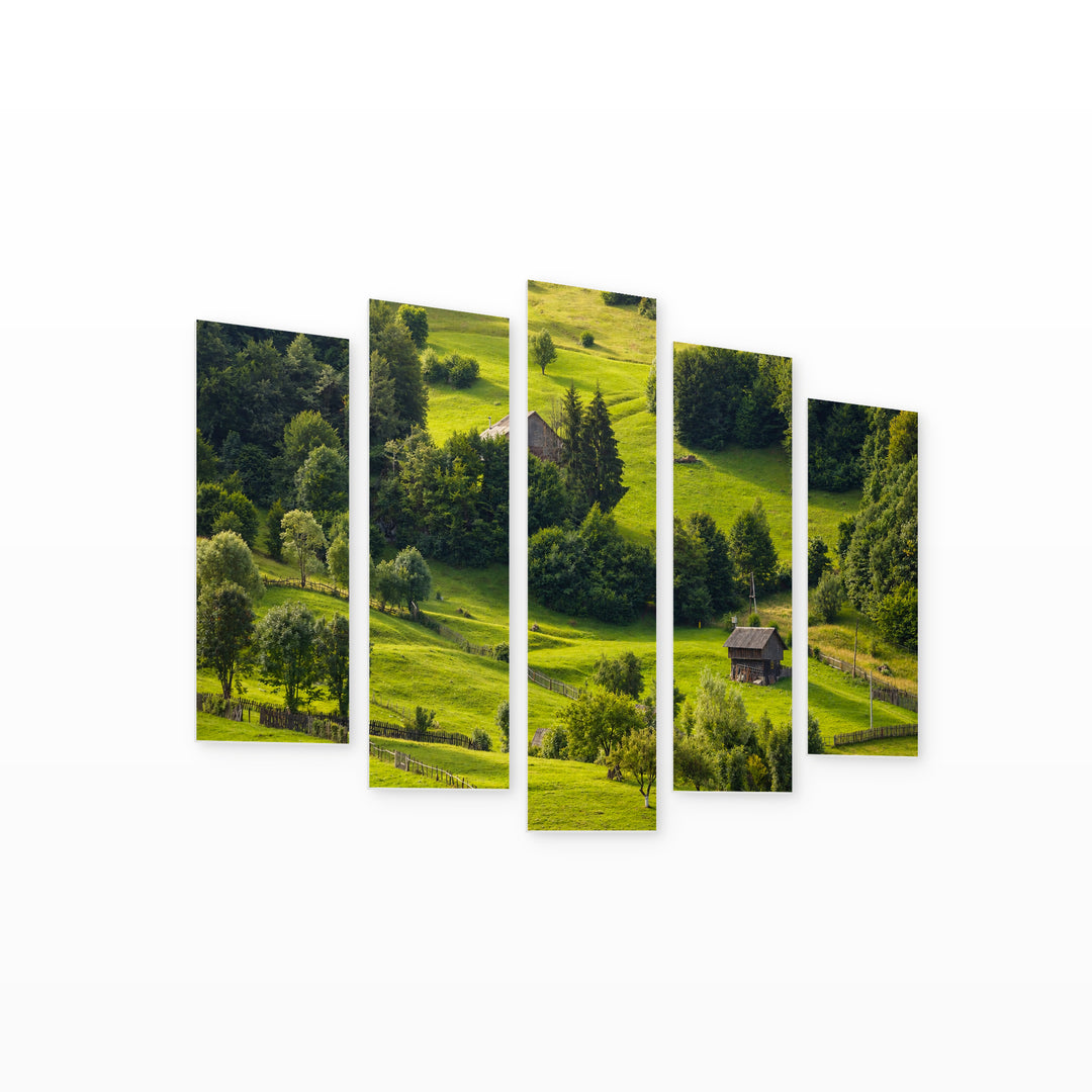 Landscape of the Apuseni Mountains in Serene Light — five-panel wall art on white background in perspective | 5wallart 52338 M1