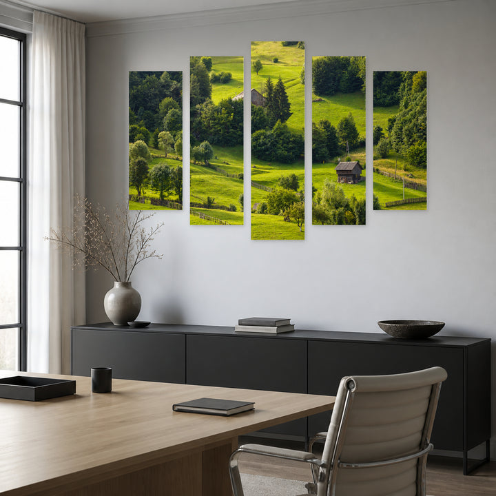 Landscape of the Apuseni Mountains in Serene Light — five-panel wall art in frontal interior | 5wallart 52338 M3