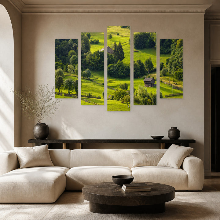 Landscape of the Apuseni Mountains in Serene Light — five-panel wall art in alternate frontal interior | 5wallart 52338 M4