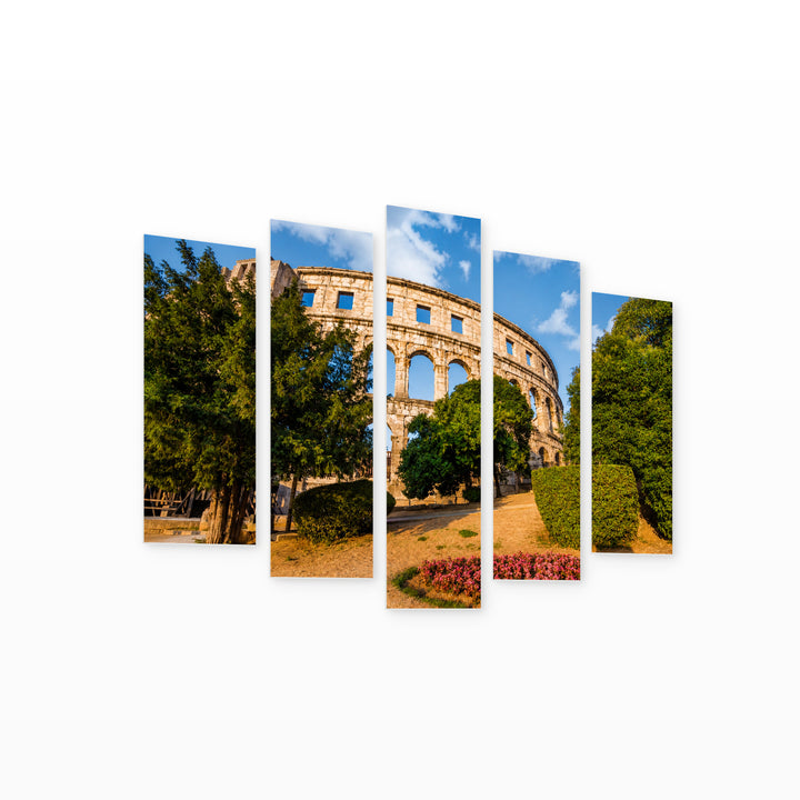 Ancient Roman Amphitheater in Pula in Serene Light — five-panel wall art on white background in perspective | 5wallart 52346 M1