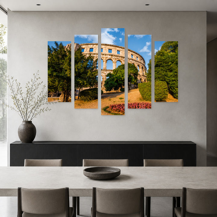 Ancient Roman Amphitheater in Pula in Serene Light — five-panel wall art in frontal interior | 5wallart 52346 M3
