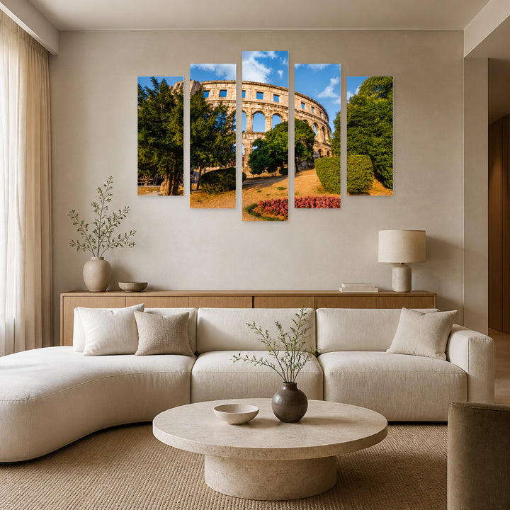 Ancient Roman Amphitheater in Pula in Serene Light — five-panel wall art in alternate frontal interior | 5wallart 52346 M4