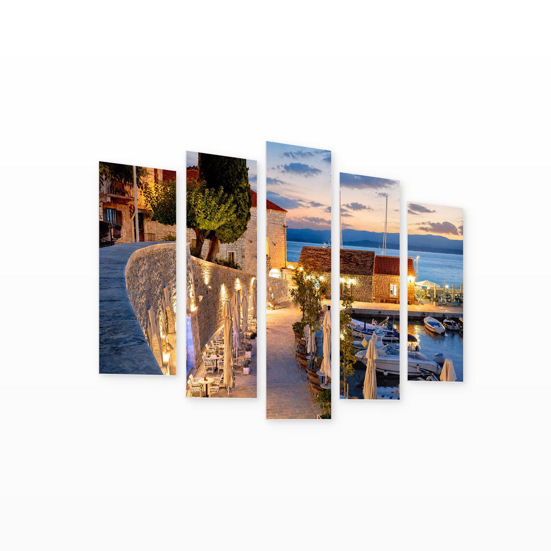Bol Town on Brač Island Coastal Panorama — five-panel wall art on white background in perspective | 5wallart 52353 M1