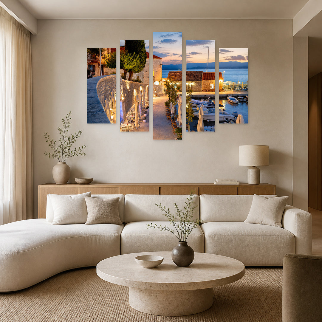 Bol Town on Brač Island Coastal Panorama — five-panel wall art in frontal interior | 5wallart 52353 M3