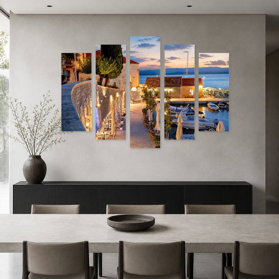 Bol Town on Brač Island Coastal Panorama — five-panel wall art in alternate frontal interior | 5wallart 52353 M4