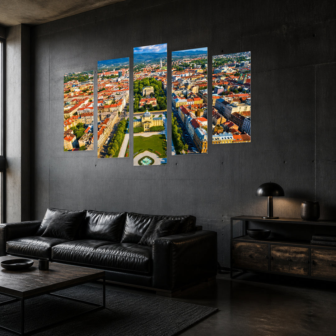 City Center of Zagreb in Vivid Color — five-panel wall art in perspective interior | 5wallart 52354 M2