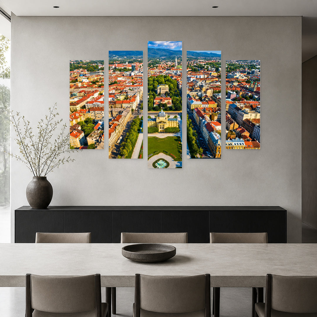 City Center of Zagreb in Vivid Color — five-panel wall art in frontal interior | 5wallart 52354 M3