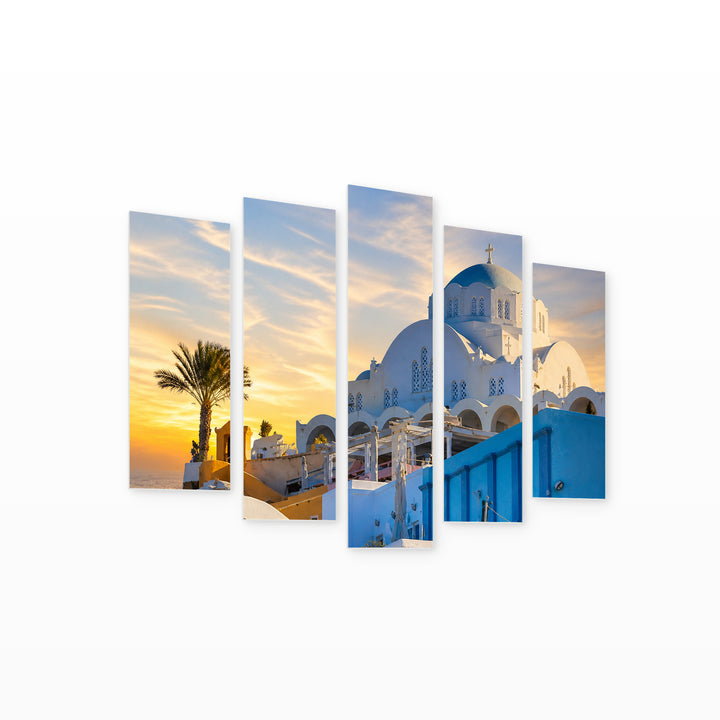 Late Afternoon in Santorini in Blue and Gold — five-panel wall art on white background in perspective | 5wallart 52360 M1